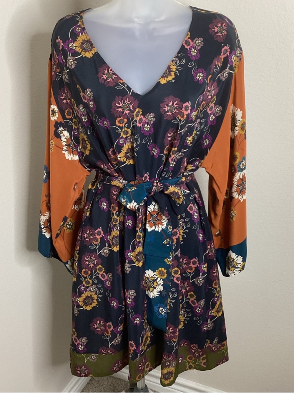 Johnny Was Silk Kimono Dress Colorblock Floral Med